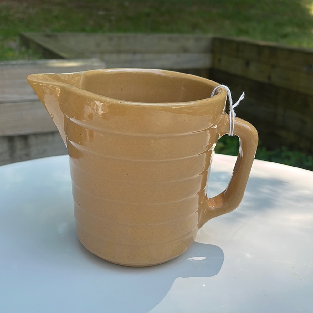 USA Pottery Measuring Cup/ Pitcher glazed beige burnt orange 3 cup capacity